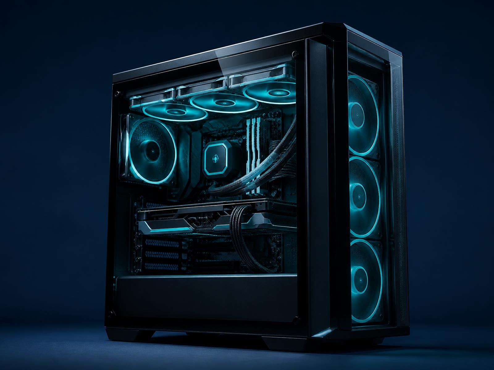 CoreBuilds gaming PC met glazen zijpaneel en turquoise verlichting